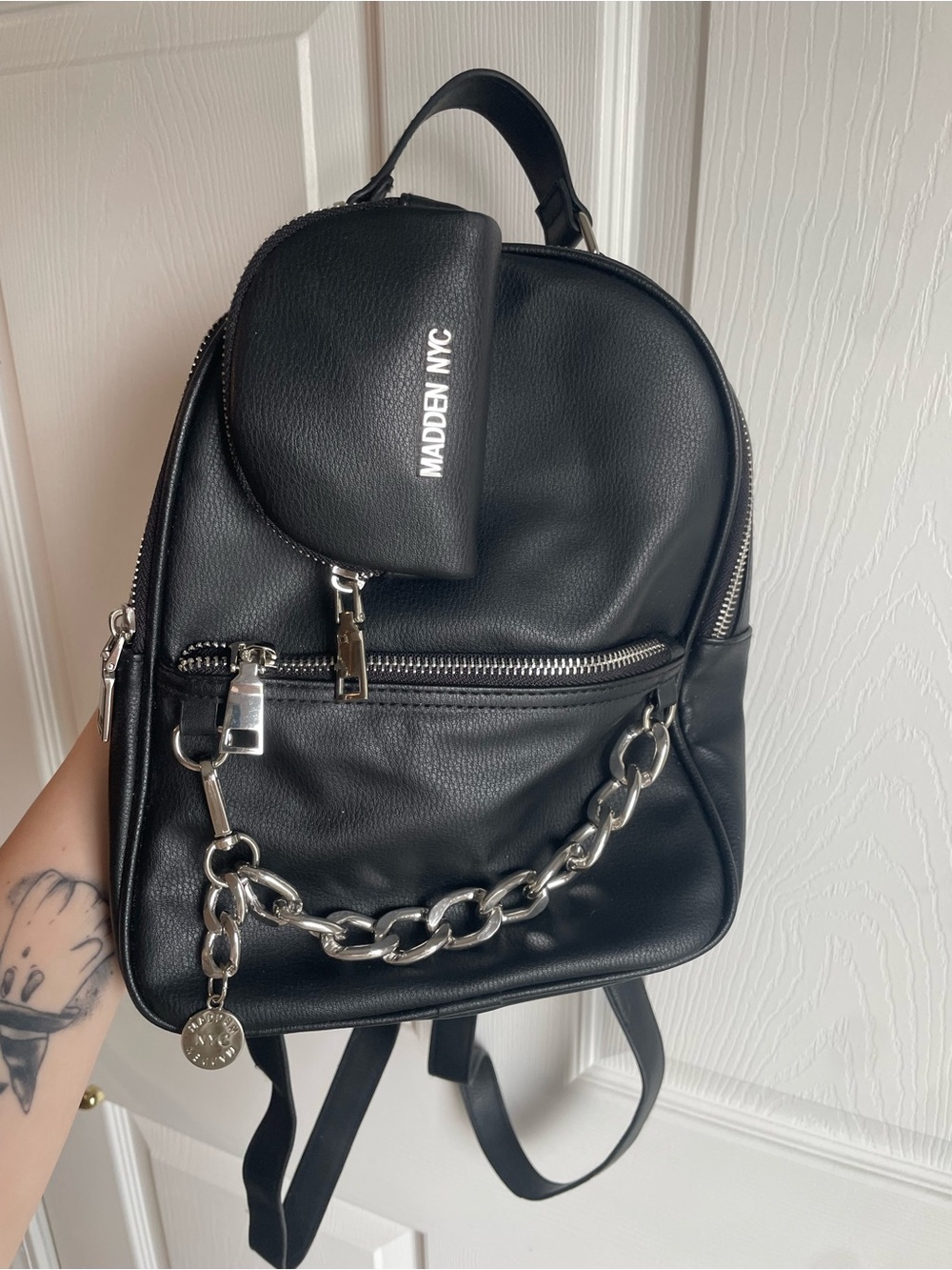 Madden NYC Black Mini Backpack with Silver Chain and Coin
